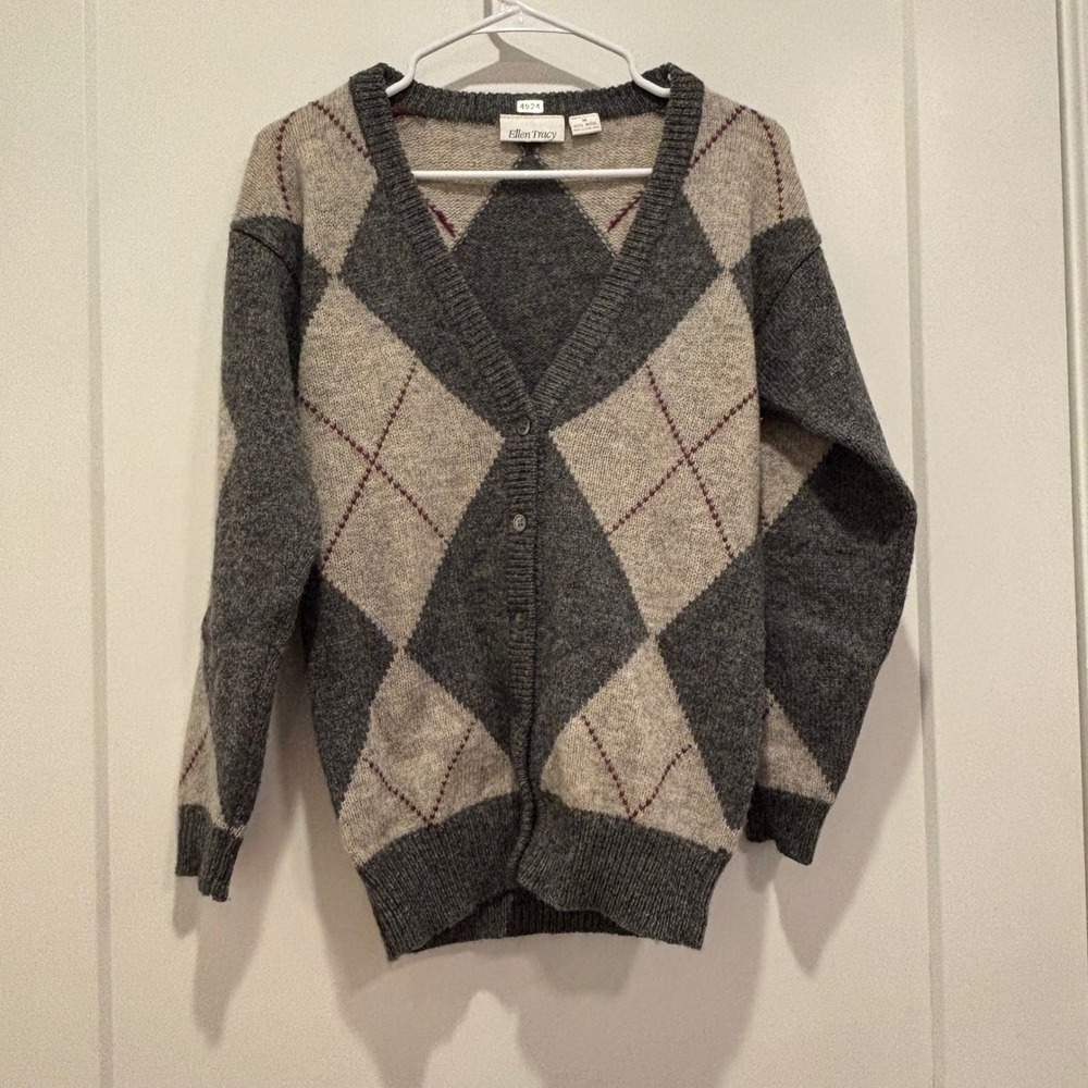 Ellen Tracy Womens Grey Argyle 100% Wool V-Neck Button Front Cardigan Sweater M